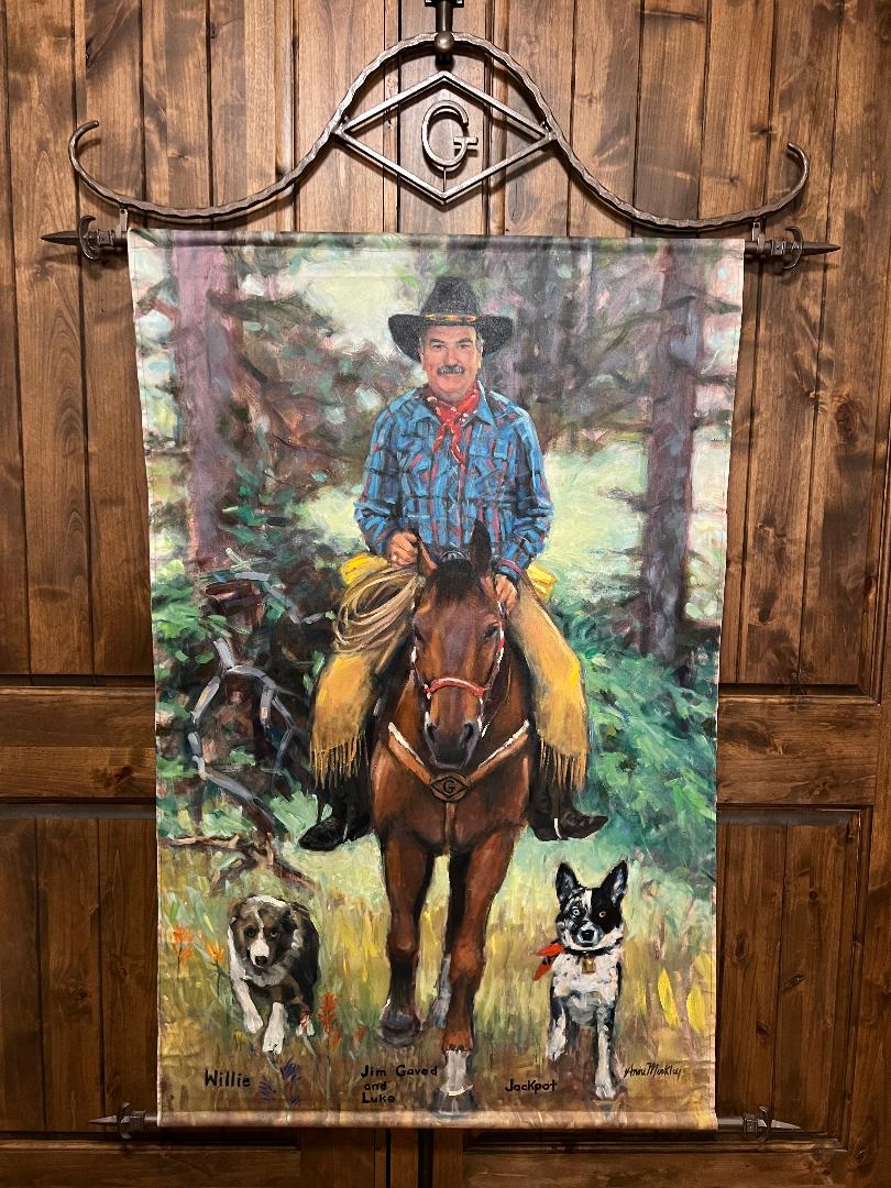 Oil On Canvas Painting by Anne Merkley Cowboy with Horse and Dogs