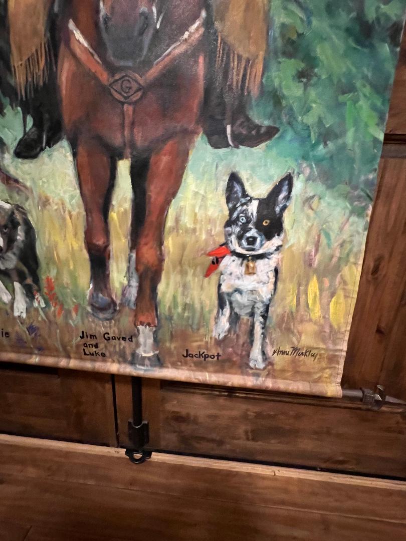 Oil On Canvas Painting by Anne Merkley Cowboy with Horse and Dogs