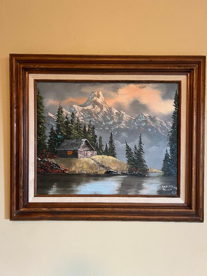 Oil On Canvas Vintage Painting by Andith Hunt 78 Mountains Cabin Lake