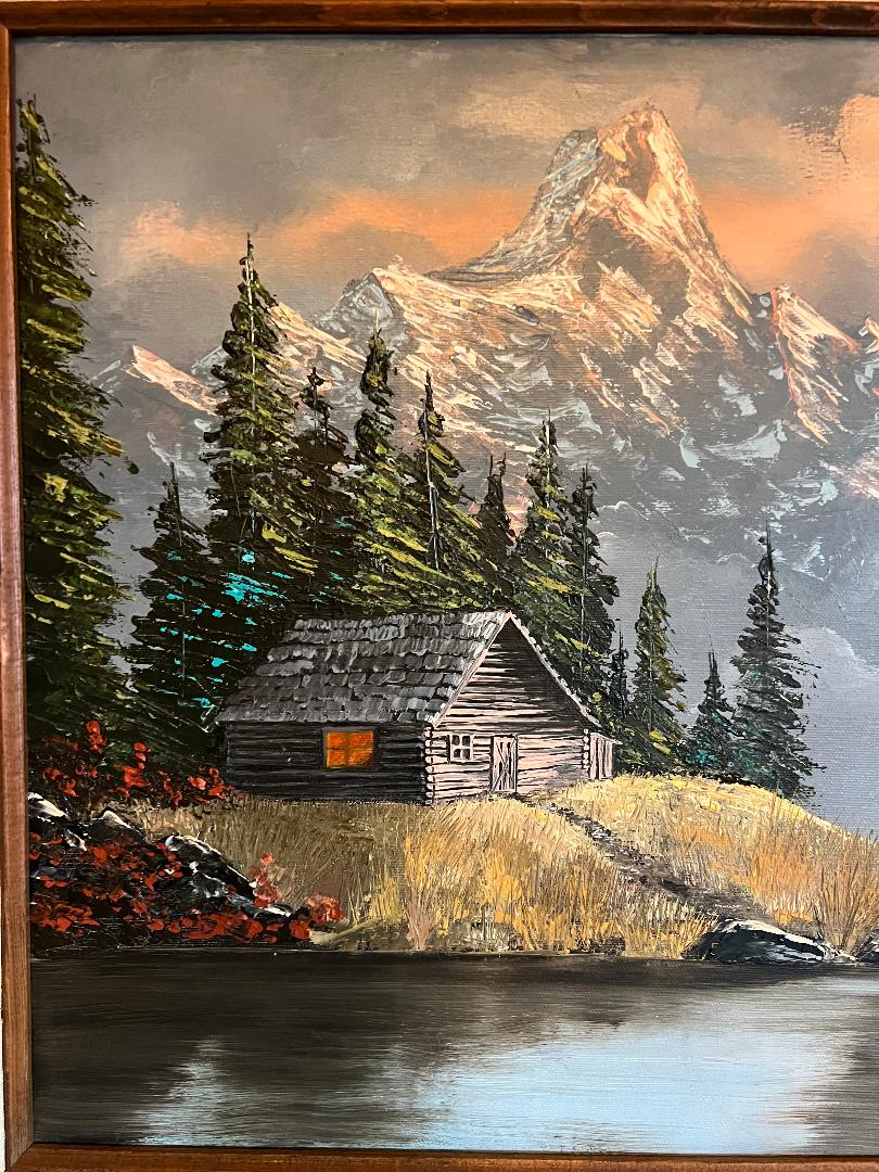Oil On Canvas Vintage Painting by Andith Hunt 78 Mountains Cabin Lake