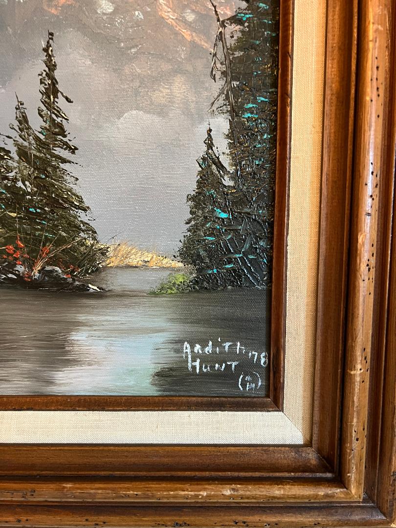 Oil On Canvas Vintage Painting by Andith Hunt 78 Mountains Cabin Lake