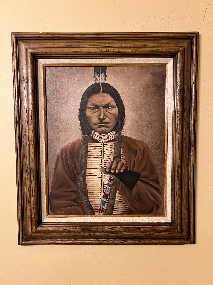 Native American Indian Warrior Oil On Board Picture Painting
