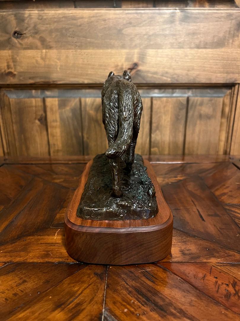 Bronze Wolf Sculpture On Wood Base By Montana Artist Bill Ohrmann circa 1993