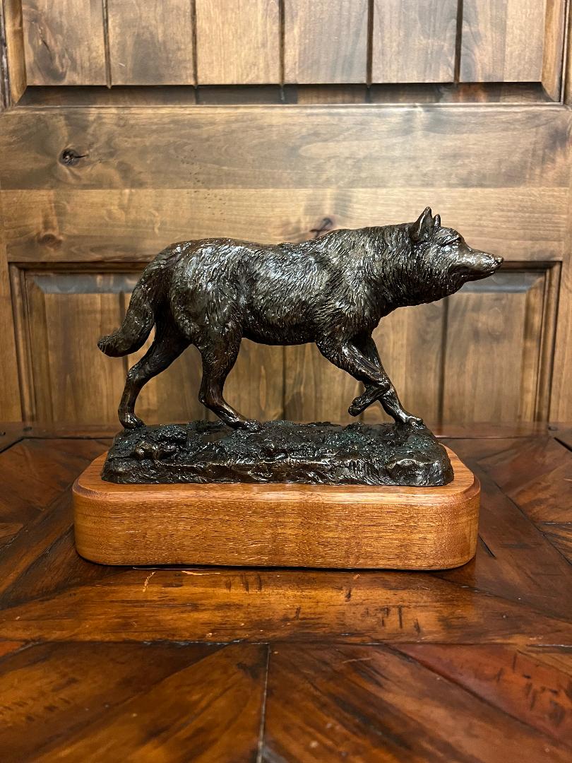 Bronze Wolf Sculpture On Wood Base By Montana Artist Bill Ohrmann circa 1993