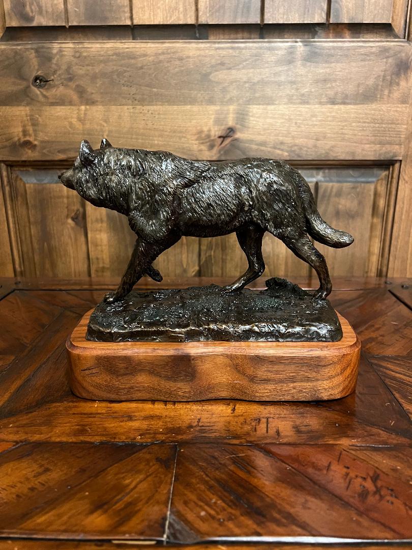 Bronze Wolf Sculpture On Wood Base By Montana Artist Bill Ohrmann circa 1993
