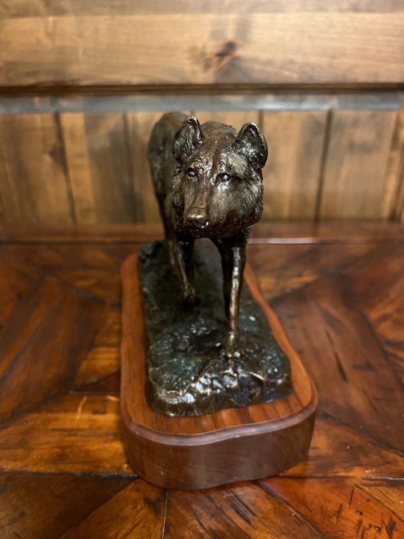 Bronze Wolf Sculpture On Wood Base By Montana Artist Bill Ohrmann circa 1993