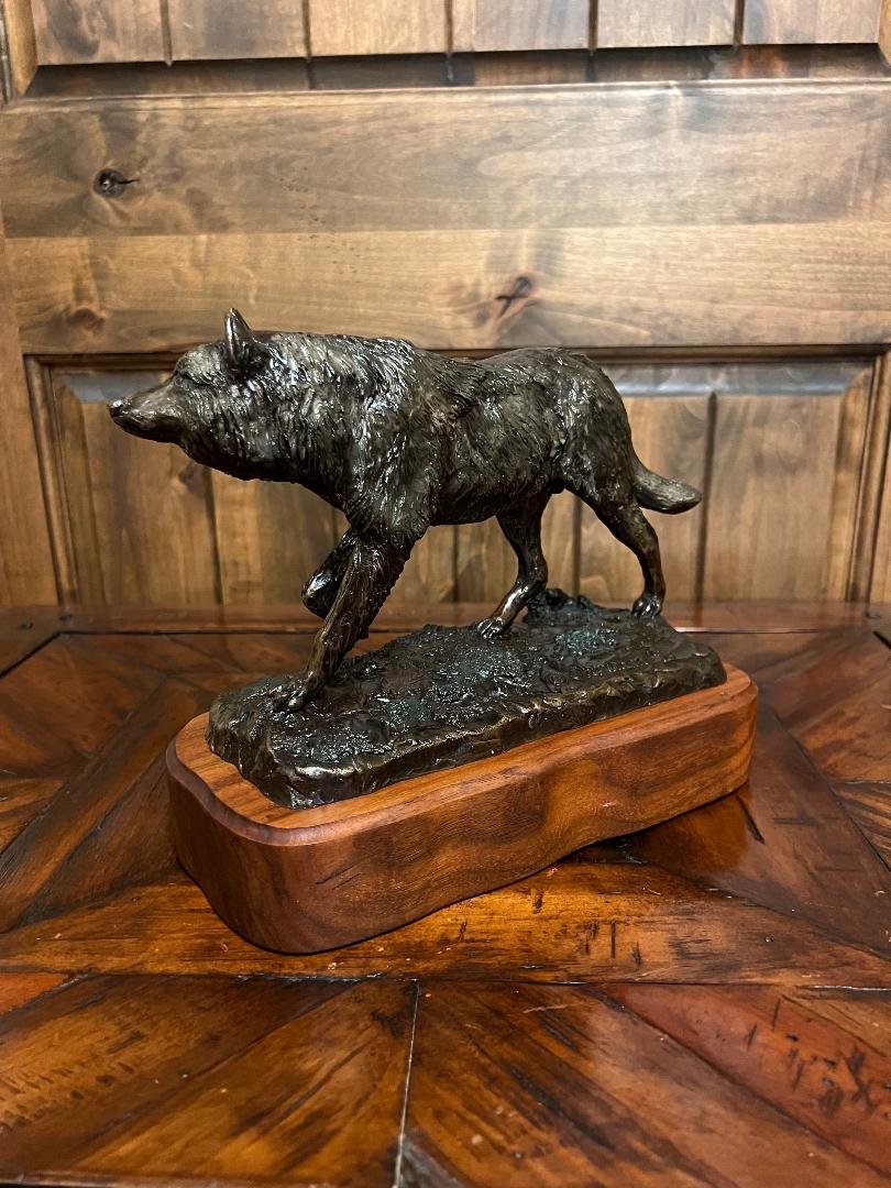 Bronze Wolf Sculpture On Wood Base By Montana Artist Bill Ohrmann circa 1993