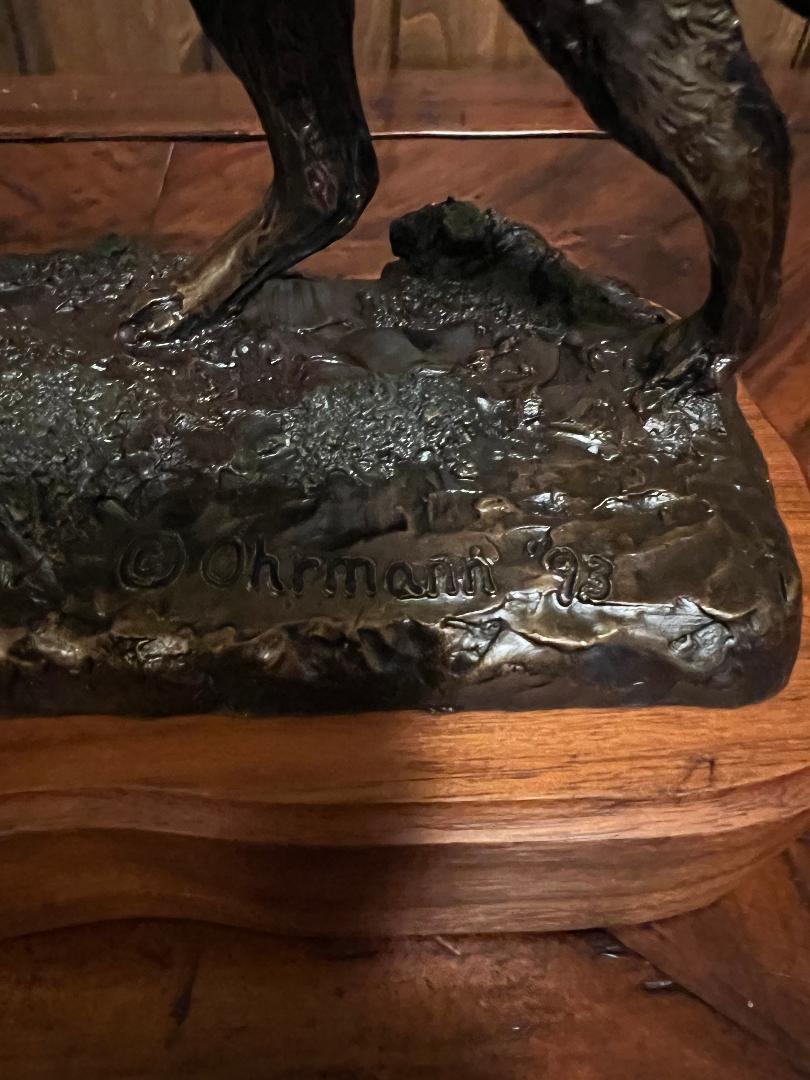 Bronze Wolf Sculpture On Wood Base By Montana Artist Bill Ohrmann circa 1993