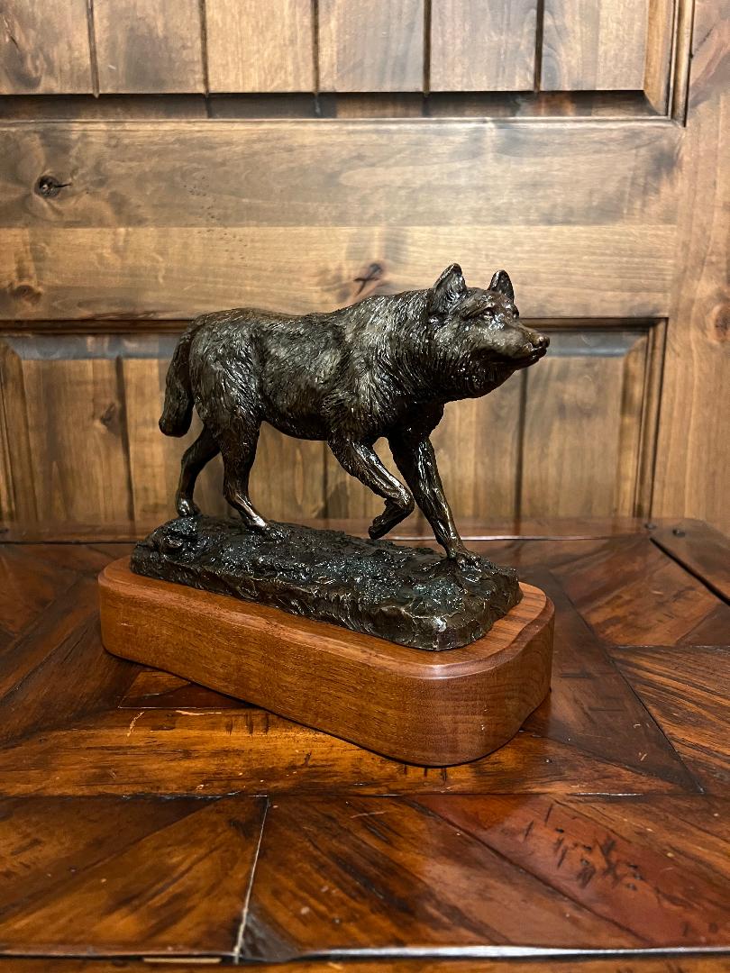 Bronze Wolf Sculpture On Wood Base By Montana Artist Bill Ohrmann circa 1993