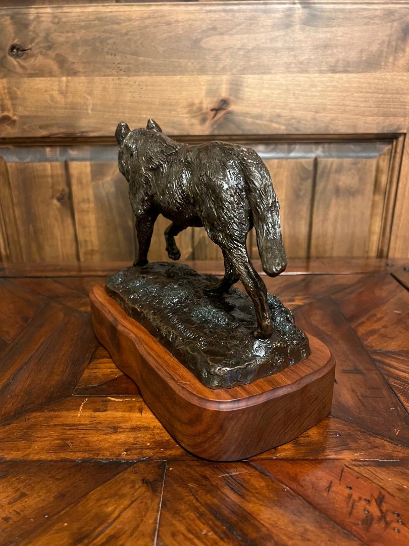 Bronze Wolf Sculpture On Wood Base By Montana Artist Bill Ohrmann circa 1993