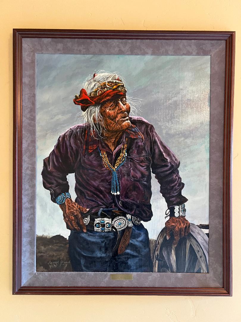 Oil On Canvas Painting by June Wood Native American Old Man and His Land
