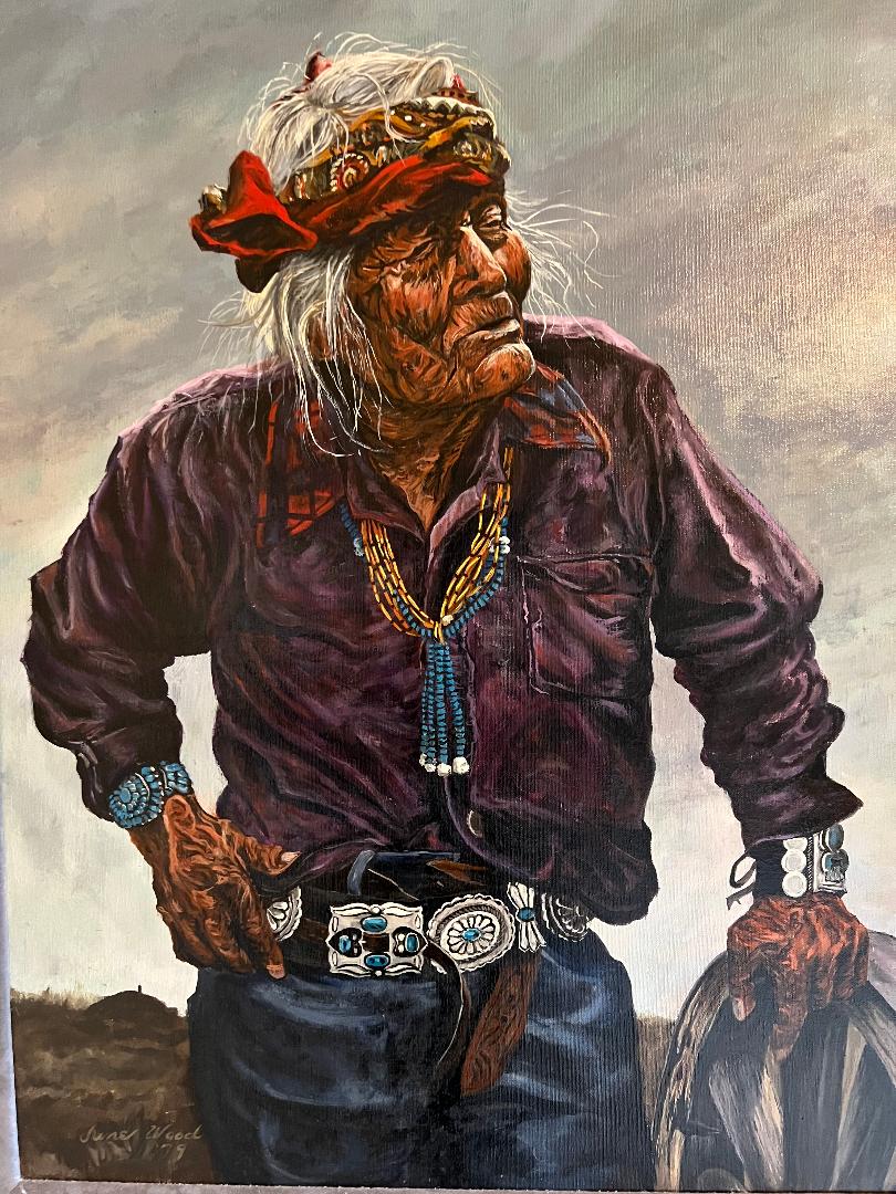 Oil On Canvas Painting by June Wood Native American Old Man and His Land