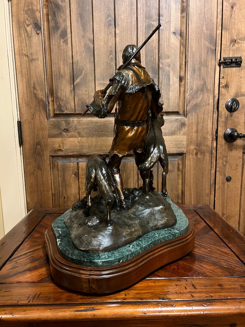 Bronze Statue PREDATORS Wolfs & Mountain Man On Swivel Marble & Wood Base
