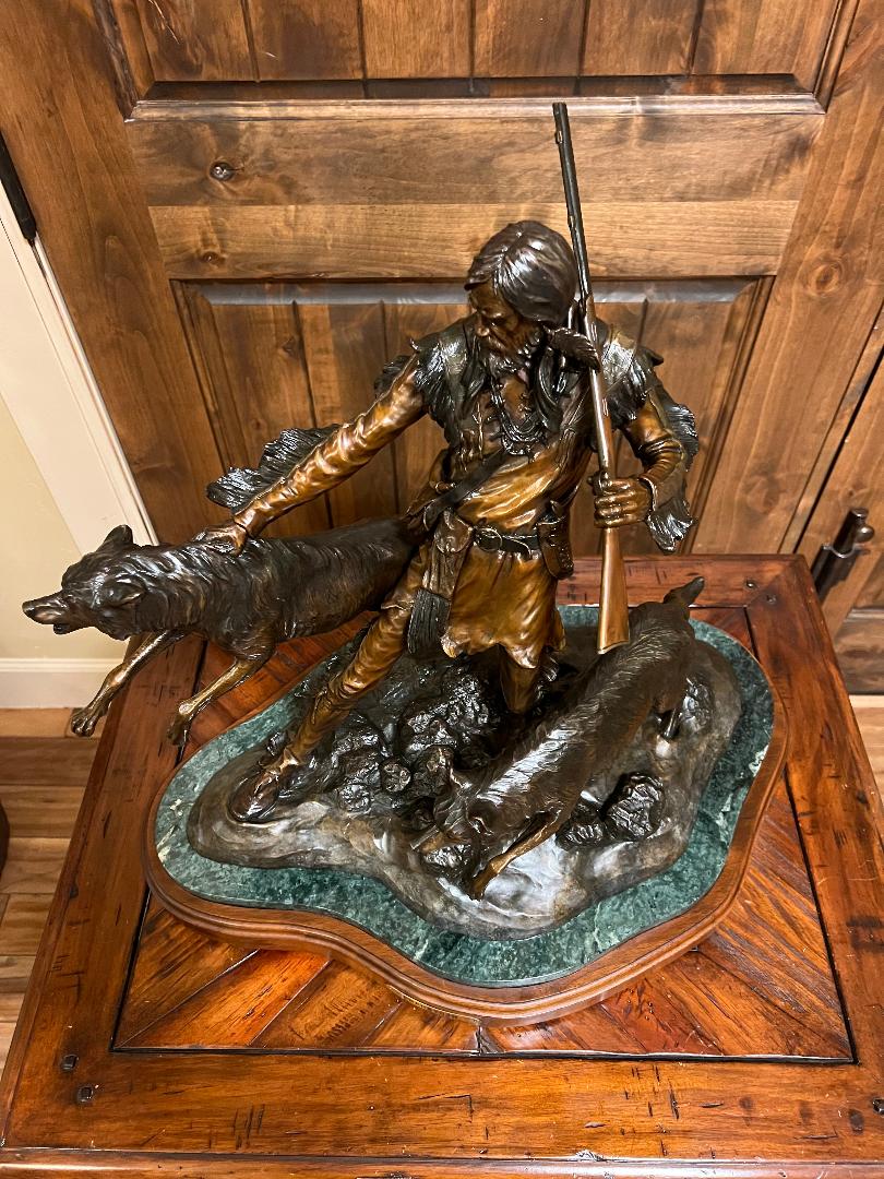 Bronze Statue PREDATORS Wolfs & Mountain Man On Swivel Marble & Wood Base