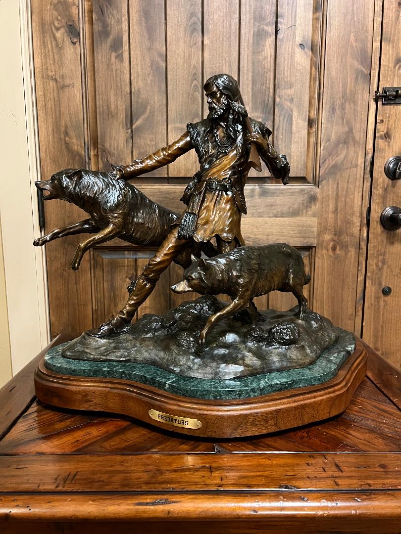 Bronze Statue PREDATORS Wolfs & Mountain Man On Swivel Marble & Wood Base