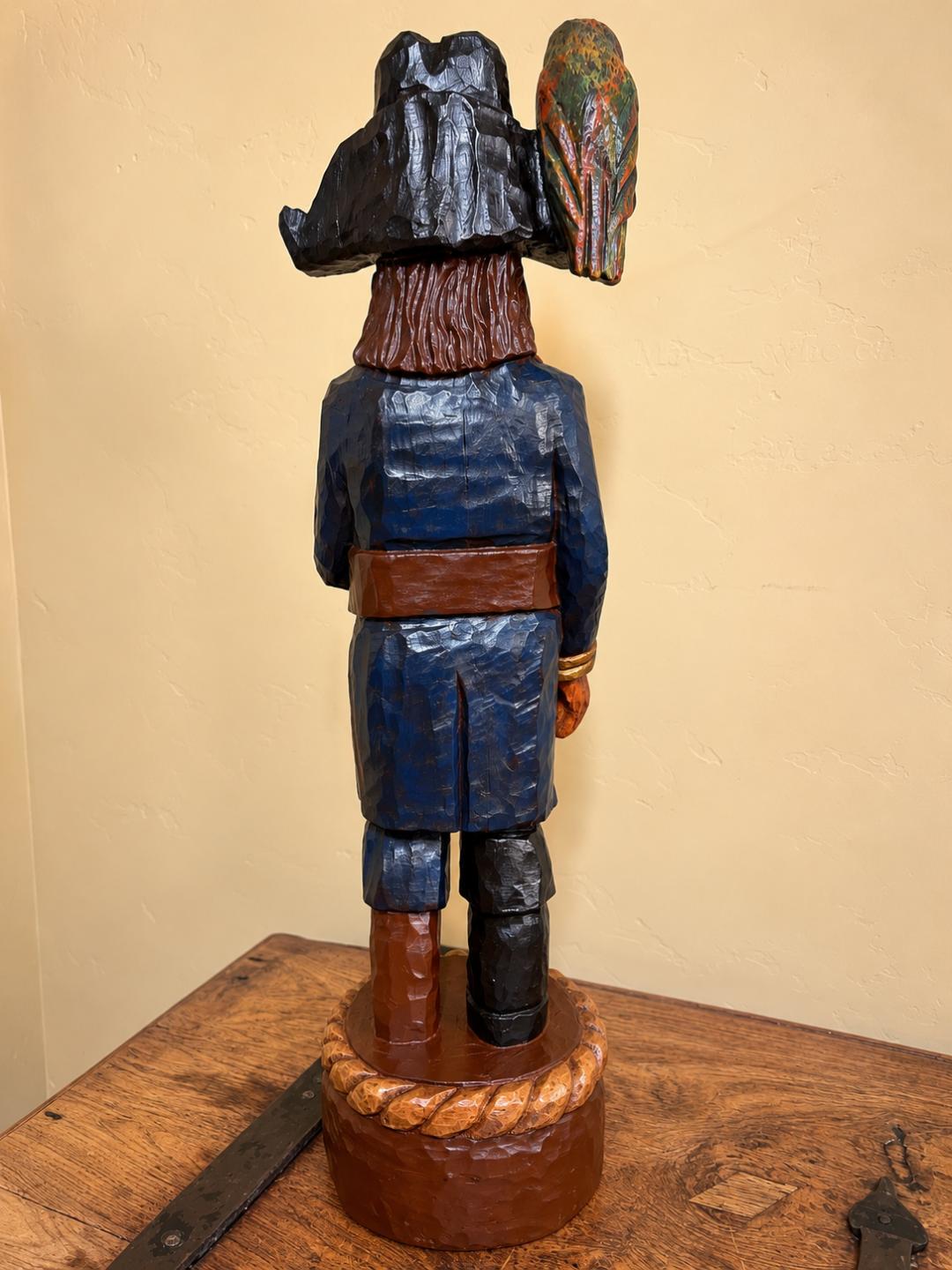 John Gallagher 30" Pirate with Parrot Carved Wooden Tabletop Statue