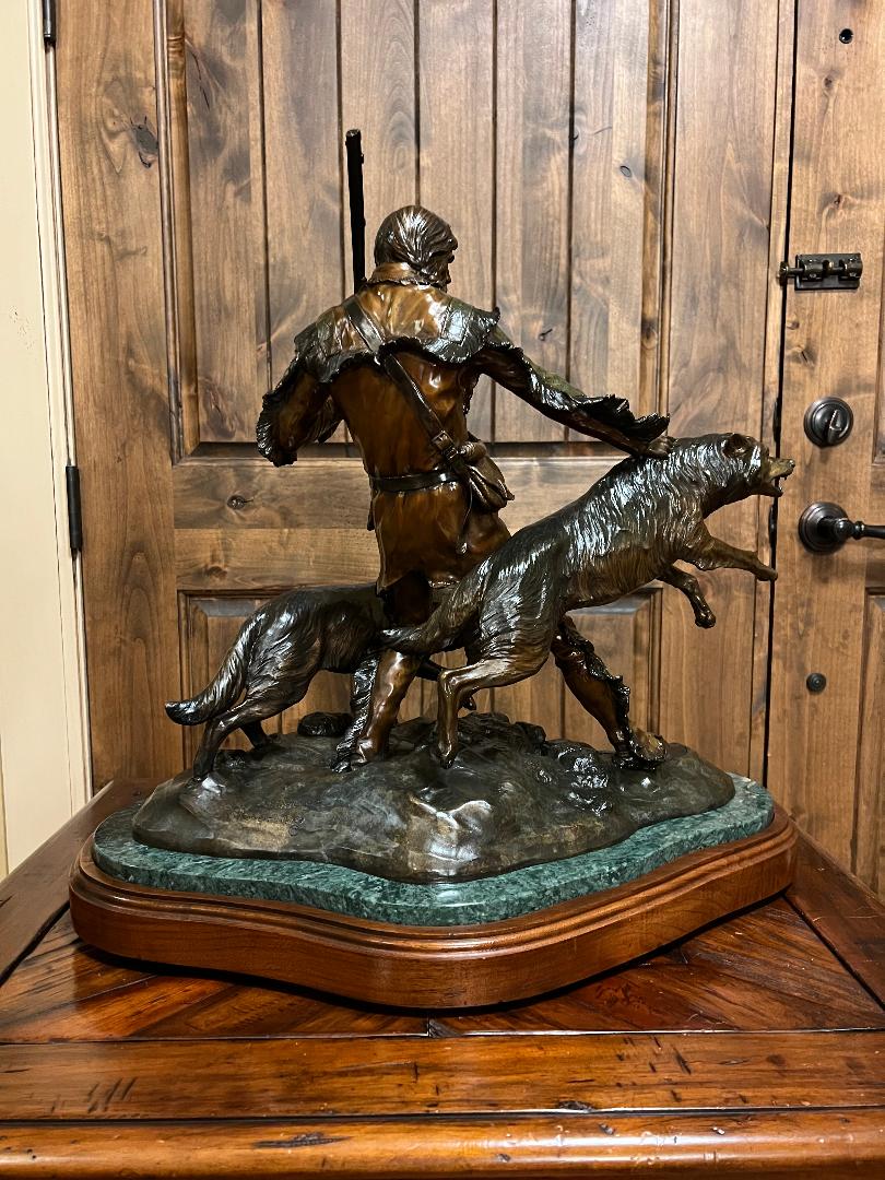 Bronze Statue PREDATORS Wolfs & Mountain Man On Swivel Marble & Wood Base