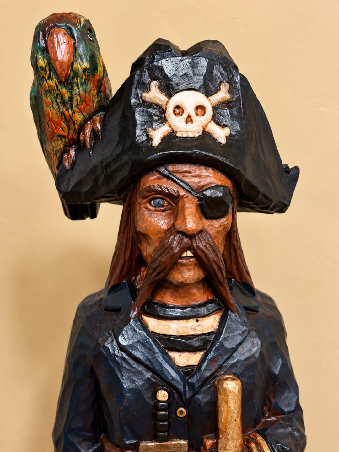 John Gallagher 30" Pirate with Parrot Carved Wooden Tabletop Statue