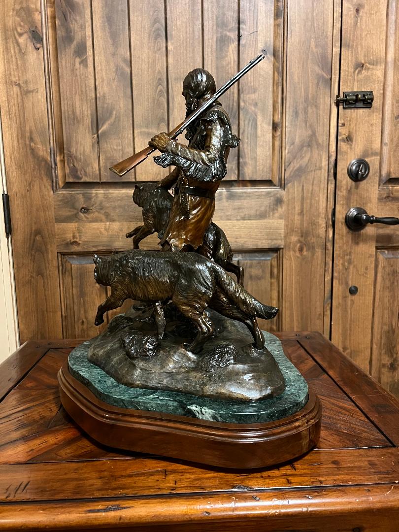 Bronze Statue PREDATORS Wolfs & Mountain Man On Swivel Marble & Wood Base