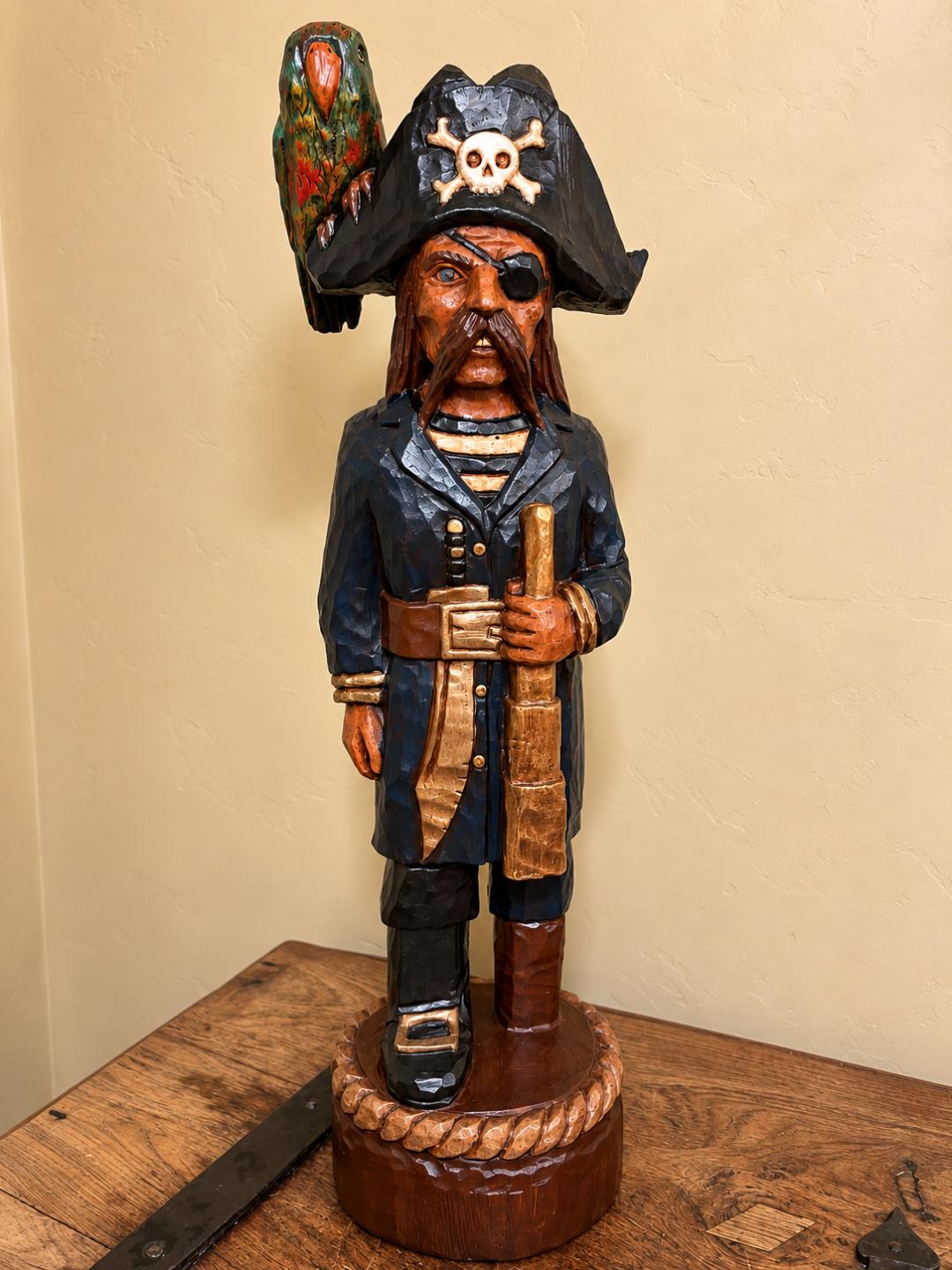 John Gallagher 30" Pirate with Parrot Carved Wooden Tabletop Statue