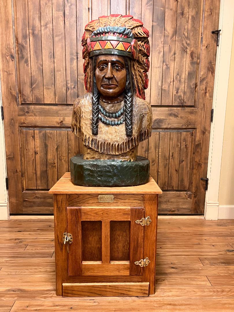 Cigar Store Indian Bust Vintage 37" Tall Wood Carving by Pat Brumfield Native American