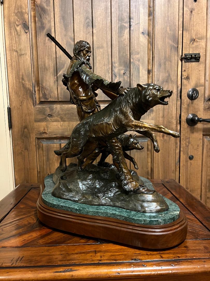 Bronze Statue PREDATORS Wolfs & Mountain Man On Swivel Marble & Wood Base