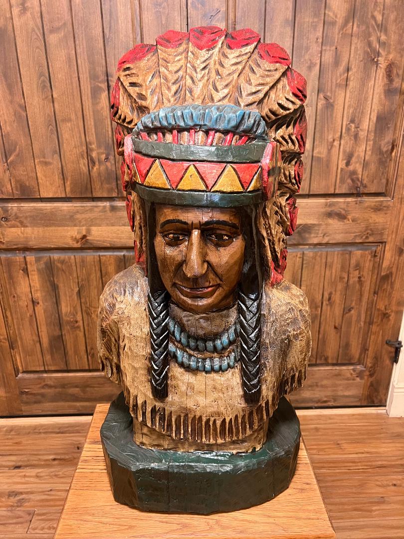 Cigar Store Indian Bust Vintage 37" Tall Wood Carving by Pat Brumfield Native American
