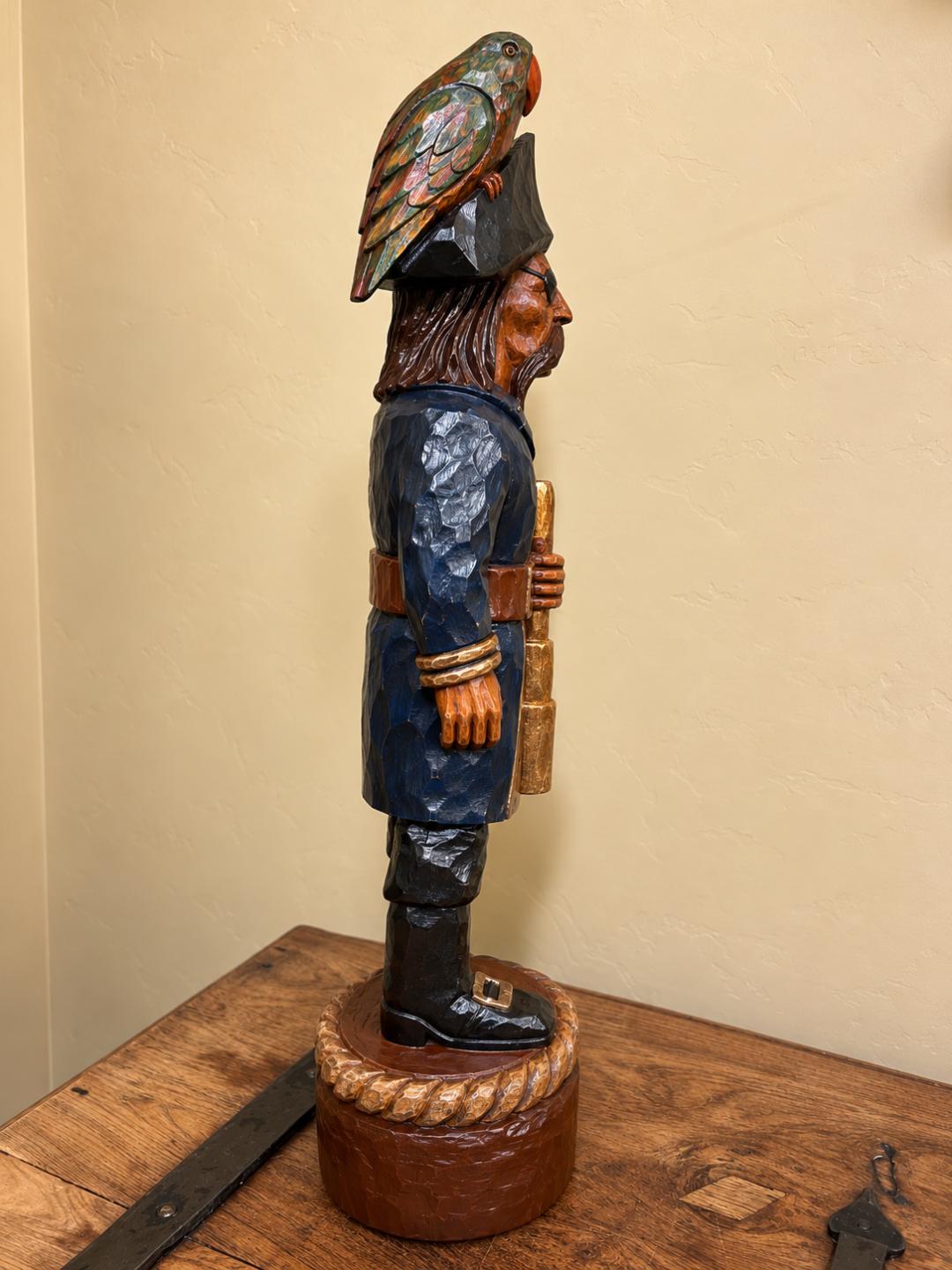 John Gallagher 30" Pirate with Parrot Carved Wooden Tabletop Statue