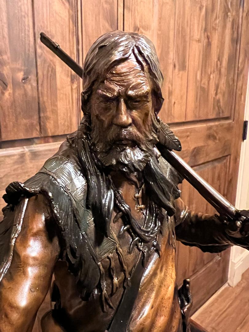 Bronze Statue PREDATORS Wolfs & Mountain Man On Swivel Marble & Wood Base