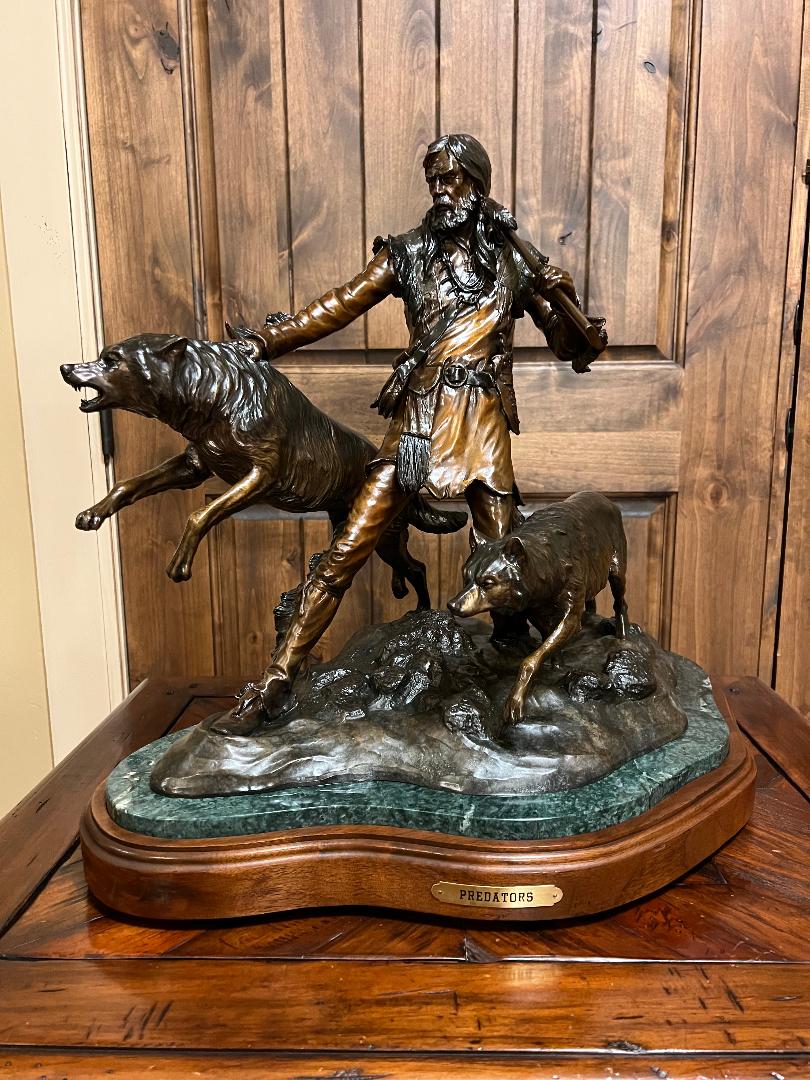 Bronze Statue PREDATORS Wolfs & Mountain Man On Swivel Marble & Wood Base