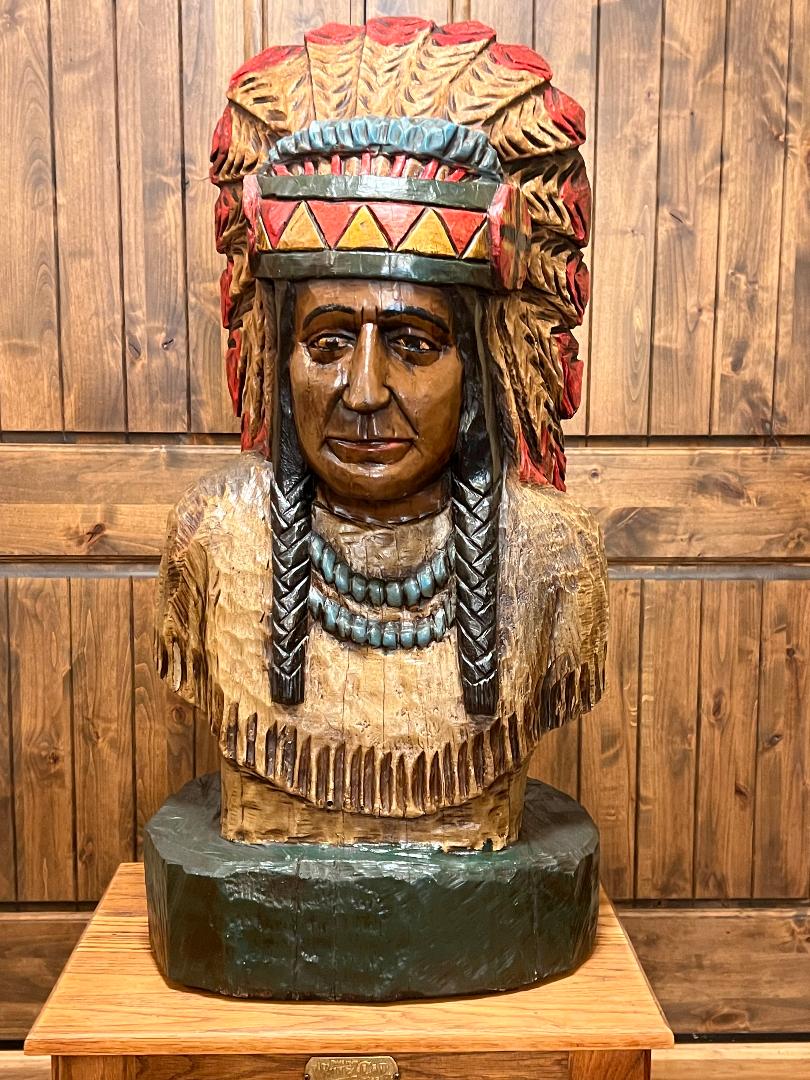 Cigar Store Indian Bust Vintage 37" Tall Wood Carving by Pat Brumfield Native American