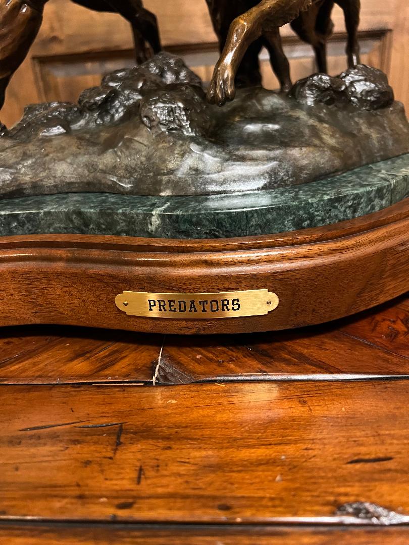 Bronze Statue PREDATORS Wolfs & Mountain Man On Swivel Marble & Wood Base