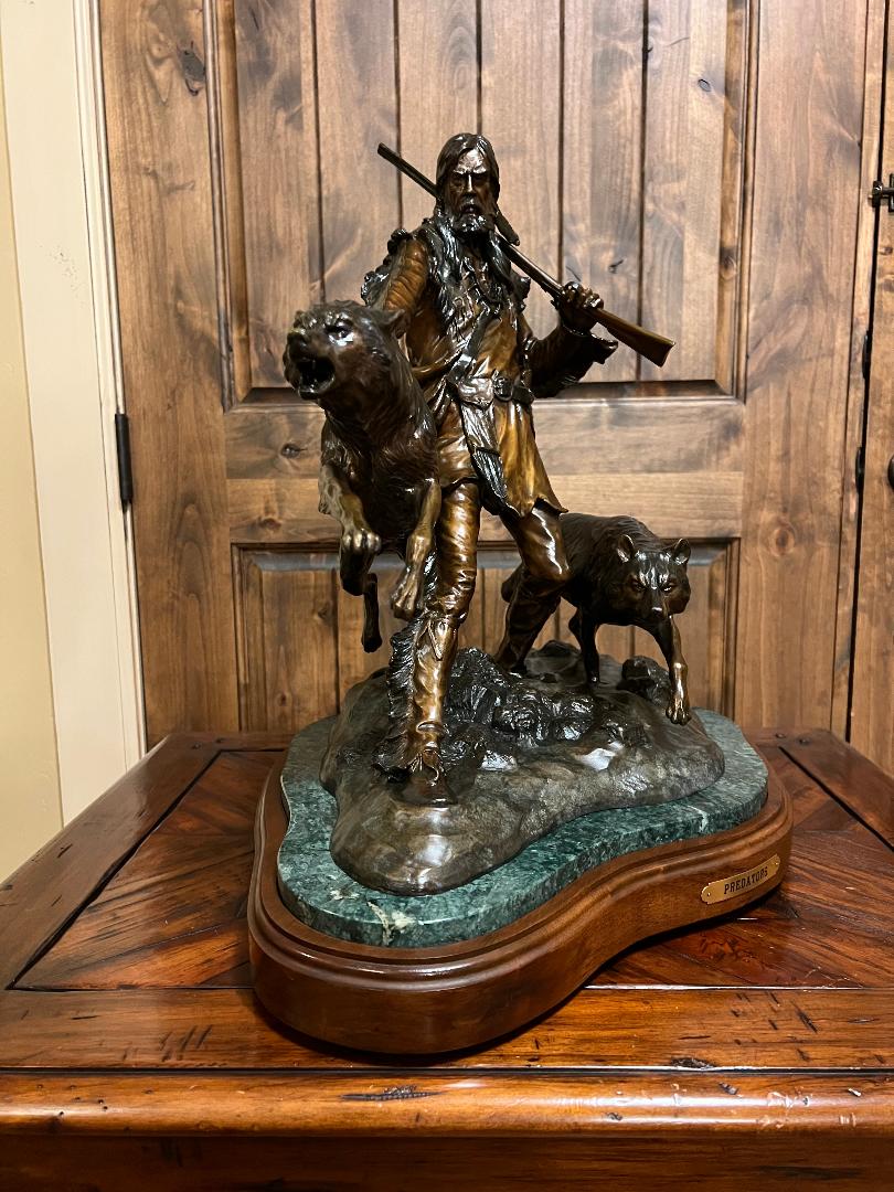 Bronze Statue PREDATORS Wolfs & Mountain Man On Swivel Marble & Wood Base