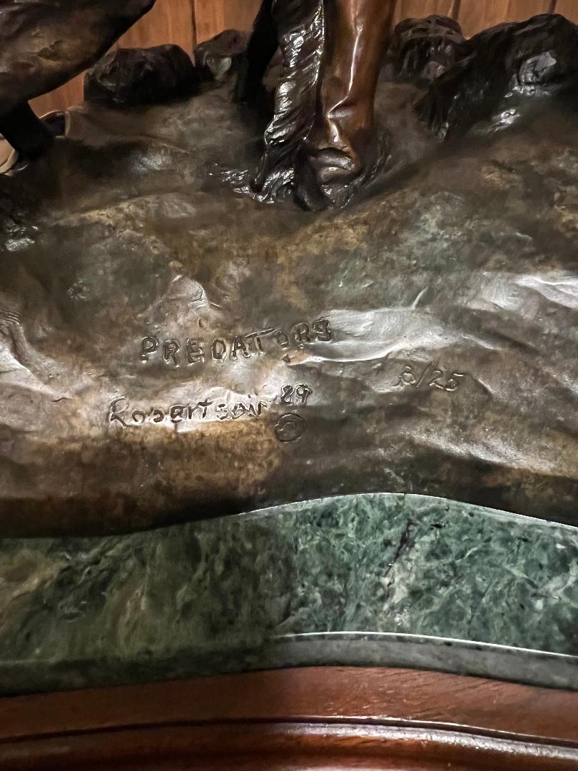 Bronze Statue PREDATORS Wolfs & Mountain Man On Swivel Marble & Wood Base