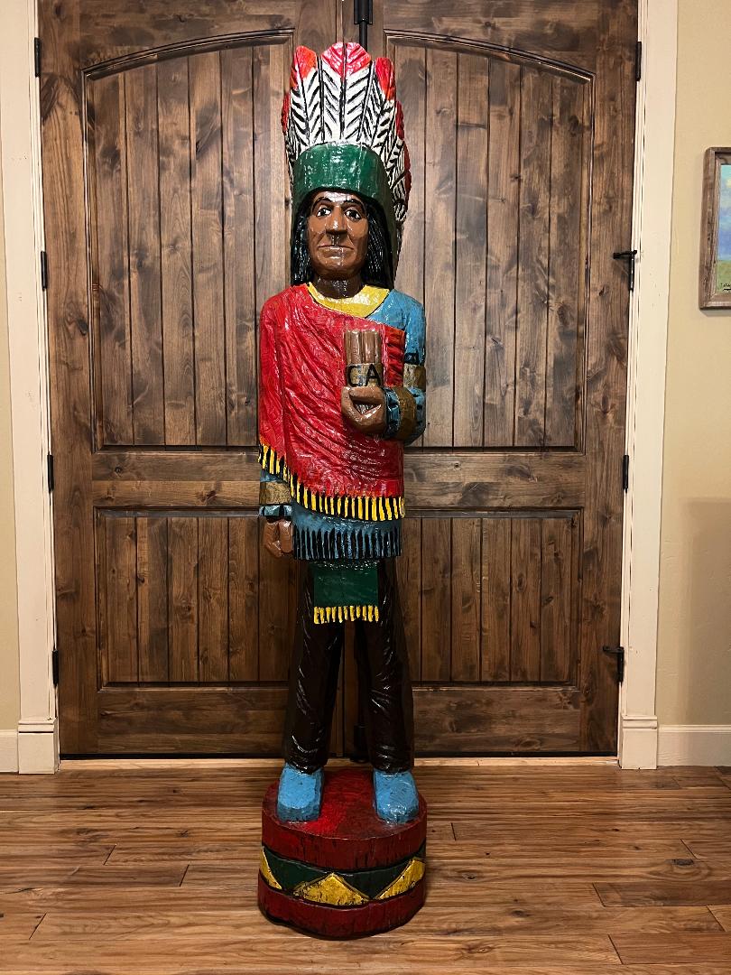 Vintage Pat Brumfield 6' 4" Cigar Store Indian wood carving statue