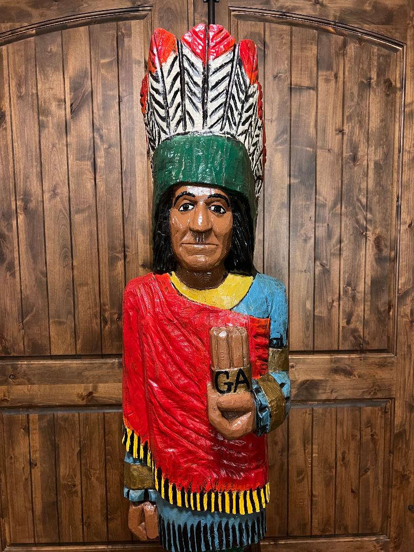 Vintage Pat Brumfield 6' 4" Cigar Store Indian wood carving statue
