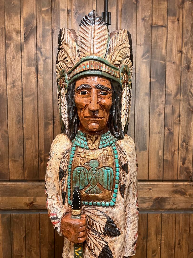 Vintage Ralph Gallagher 6' 1" Cigar Store Indian carved wooden statue Peace Pipe Thunderbird