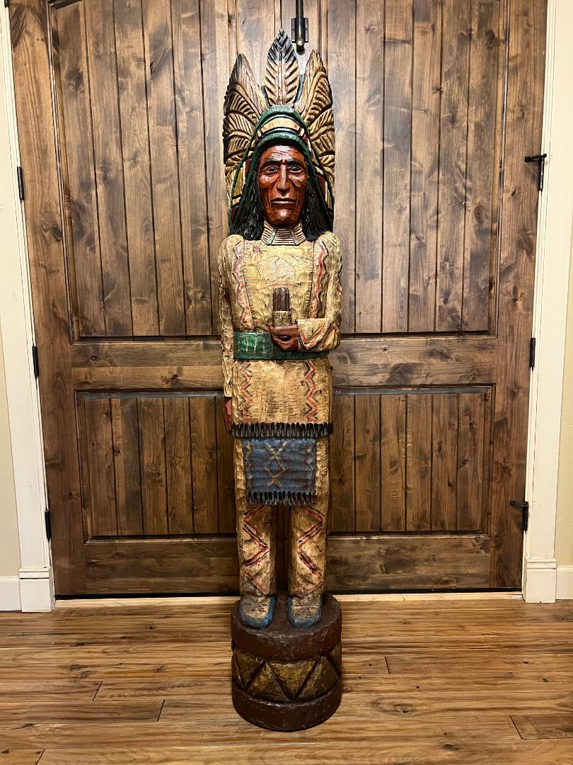 Vintage Ralph Gallagher 6 ft Cigar Store Indian carved wooden statue