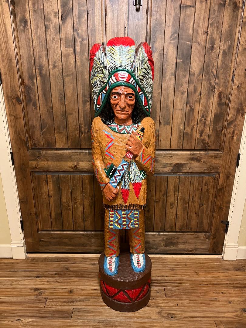 Vintage Ralph Gallagher 6 Ft Cigar Store Indian Carved Wooden Statue Peace Pipe
