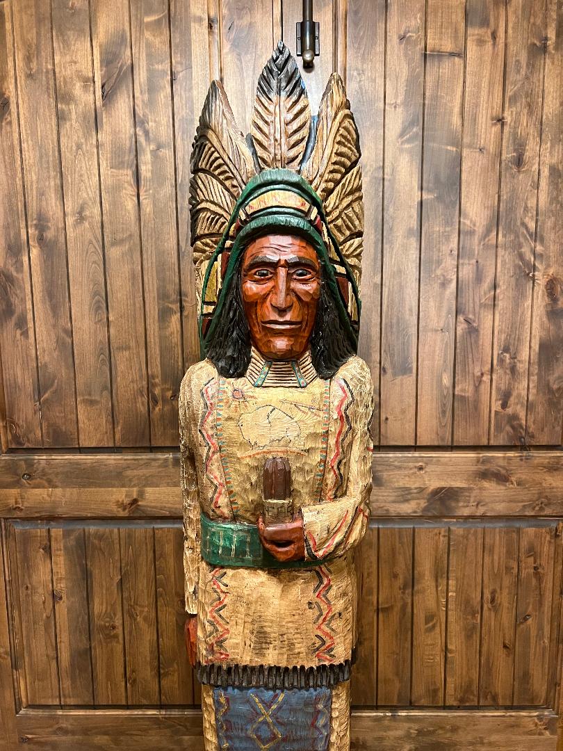 Vintage Ralph Gallagher 6 ft Cigar Store Indian carved wooden statue