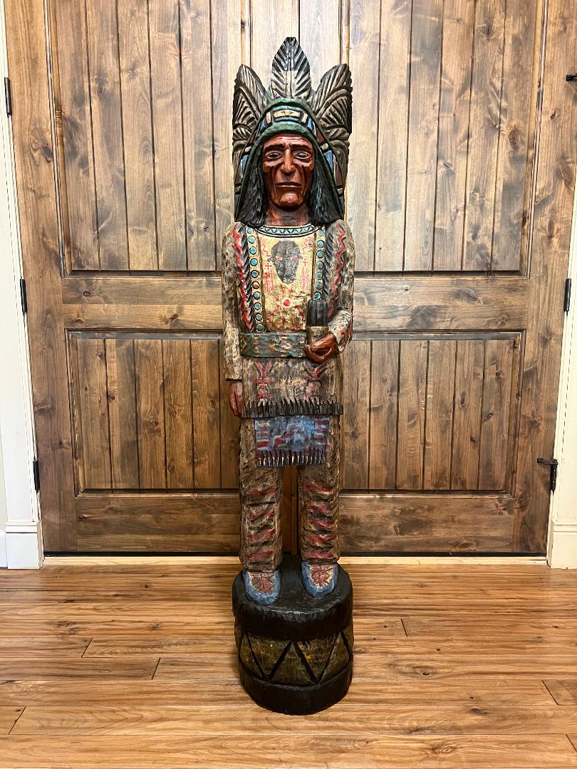 Vintage Ralph Gallagher 5 Ft Cigar Store Indian Carved Wooden Statue