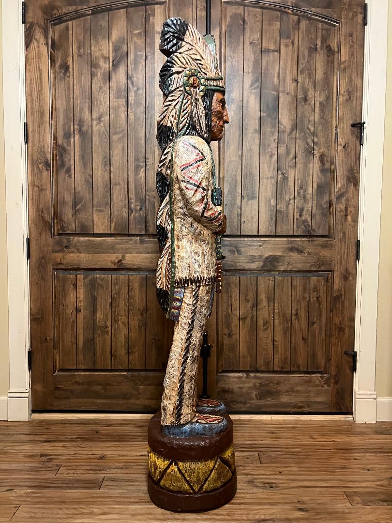 Vintage Ralph Gallagher 6' 1" Cigar Store Indian carved wooden statue Peace Pipe Thunderbird