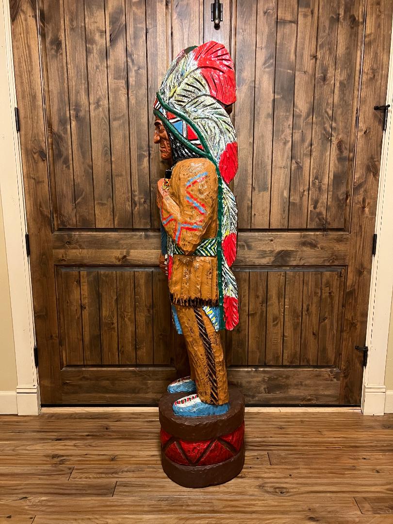 Vintage Ralph Gallagher 6 Ft Cigar Store Indian Carved Wooden Statue Peace Pipe