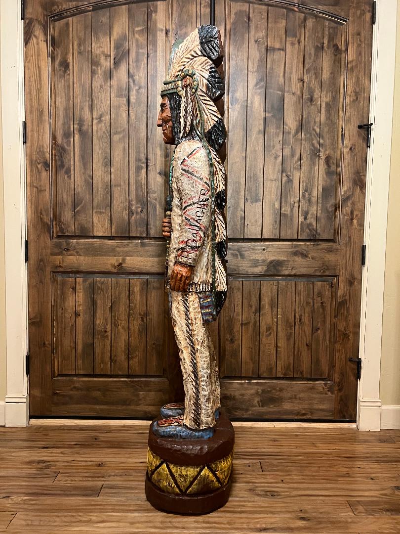Vintage Ralph Gallagher 6' 1" Cigar Store Indian carved wooden statue Peace Pipe Thunderbird