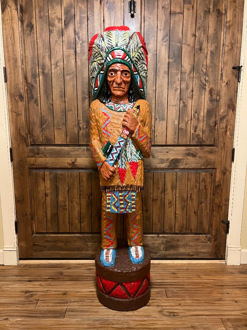 Vintage Ralph Gallagher 6 Ft Cigar Store Indian Carved Wooden Statue Peace Pipe