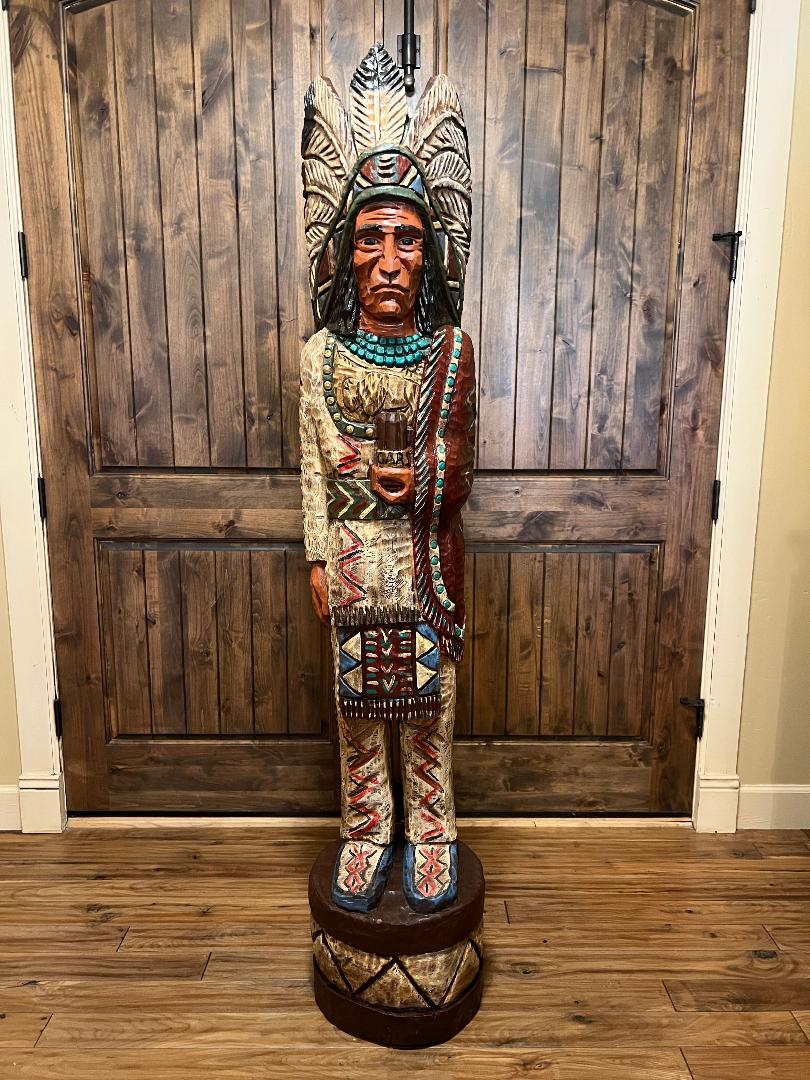 Vintage Ralph Gallagher 6 ft Cigar Store Indian carved wooden statue