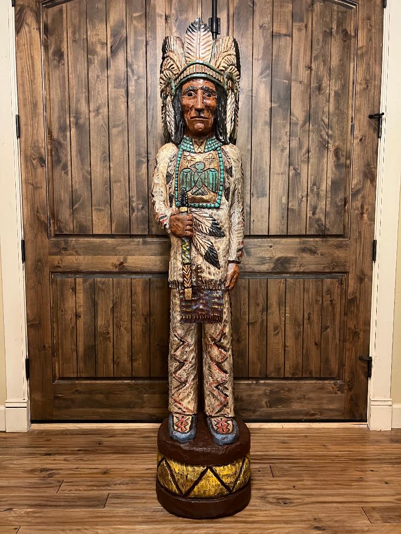Vintage Ralph Gallagher 6' 1" Cigar Store Indian carved wooden statue Peace Pipe Thunderbird