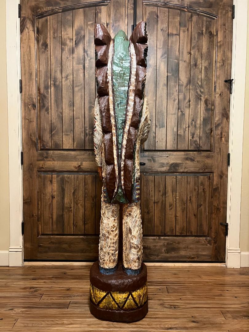 Vintage Ralph Gallagher 6' 1" Cigar Store Indian carved wooden statue Peace Pipe Thunderbird