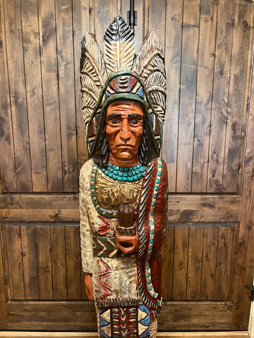Vintage Ralph Gallagher 6 ft Cigar Store Indian carved wooden statue