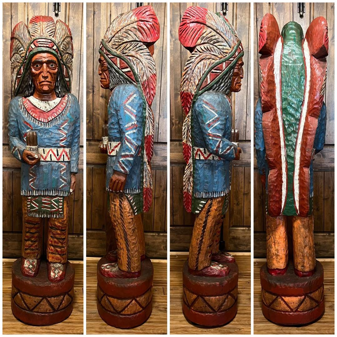 Vintage Ralph Gallagher 6 ft Cigar Store Indian carved wooden statue